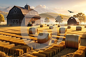 Rustic Barn Surrounded by Golden Fields, Hay Bales Scattered, Farmer Tending to Animals Early Morning