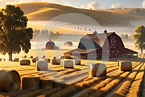 Rustic Barn Surrounded by Golden Fields, Hay Bales Scattered, Farmer Tending to Animals Early Morning