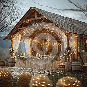 Rustic barn wedding with enchanting string lights at twilight