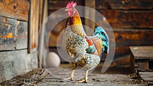 Rustic Barnyard Scene with Colorful Easter Egger Rooster