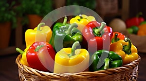 Rustic basket filled with a close up view of colorful bell peppers