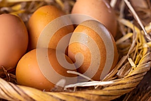 A rustic basket filled with fresh, organic eggs nestled in straw, highlighting the natural, farm-to-table produce