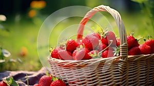 Rustic basket filled with ripe, juicy strawberries