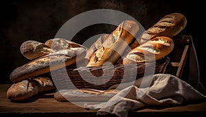 A rustic basket of freshly baked bread generated by AI