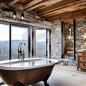 A rustic bathroom with a clawfoot bathtub and stone walls2, Generative AI