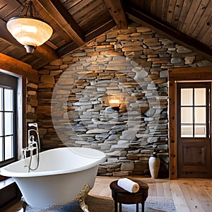 A rustic bathroom with a clawfoot bathtub and stone walls4, Generative AI