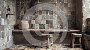 rustic bathroom decor, rustic wabi sabi bathroom with shabby wooden stools and aged stone tiles evokes tranquility and photo