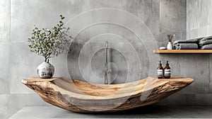 A Rustic Bathroom Sink Carved From A Tree Trunk, With A Minimalist Design. It Features A Modern Faucet And Simple Accessories, photo