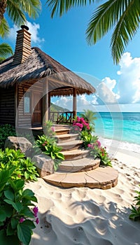 Rustic beachfront cottage, steps leading to pristine beach , steps, sky, ocean