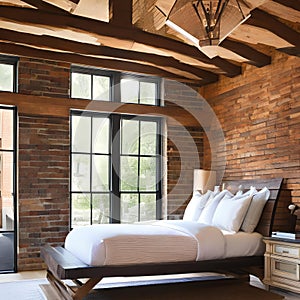 Rustic bedroom with exposed brick and reclaimed wood beams1, Generative AI