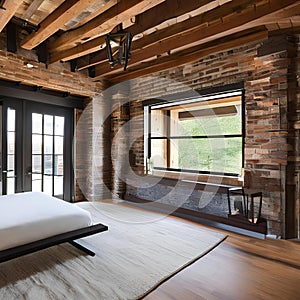 Rustic bedroom with exposed brick and reclaimed wood beams2, Generative AI