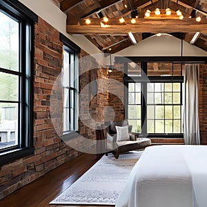 Rustic bedroom with exposed brick and reclaimed wood beams3, Generative AI