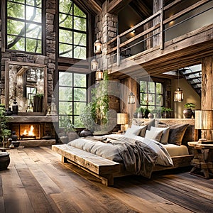 Rustic bedroom, panoramic windows abundant plants fireplace and a serene haven