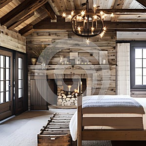 A rustic bedroom with a reclaimed wood bed frame, exposed beams, and a vintage chandelier for a charming farmhouse feel3, Genera