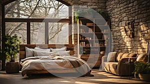 A rustic bedroom, with wooden furniture as the background, during a warm morning light