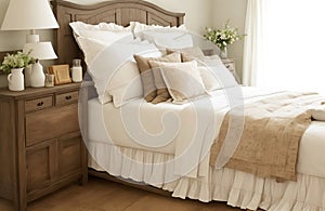 Rustic bedside chiffonier abreast bed with biscuit pillows of avant garde bedroom photo