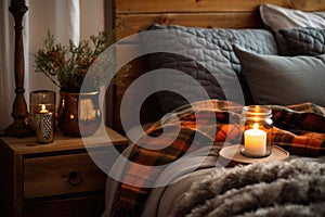 A rustic bedside table, a candle and a cozy blanket. Boho home decor. Ethnic bedroom interior. Generative AI