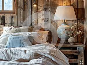 rustic bedside table lamp near bed with wood headboard. French country, farmhouse, provence interior design of modern bedroom