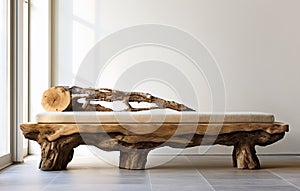 Rustic bench made from tree trunk near empty white wall with copy space. Boho interior design of modern living room with window in