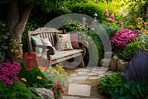 Rustic Bench in Tranquil English Garden: A Close-Up Amid Nature\'s Beauty