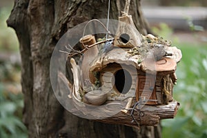 rustic birdhouse with natural twig ornamentation and squirrel feeder