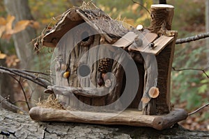 rustic birdhouse with natural twig ornamentation and squirrel feeder