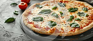 Rustic black background with delicious pizza, cheese, and tomatoes italian fast food concept