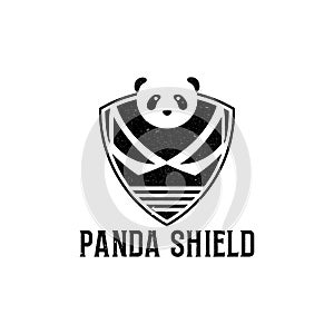 Rustic black panda shield logo design vector, vintage shield vector icon