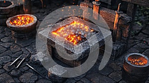 A rustic blacksmithing forge with glowing coals, anvils, and hammers