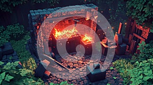 A rustic blacksmithing forge with glowing coals, anvils, and hammers
