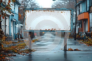 Rustic Blank Billboard on Rainy Urban Street: Vintage Design Concept Generative AI photo