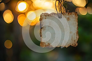Rustic Blank Paper Tag Hanging with String and Bokeh Background