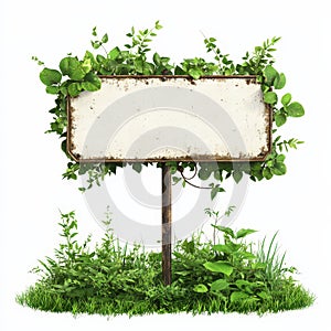 Rustic Blank Sign with Green Foliage.