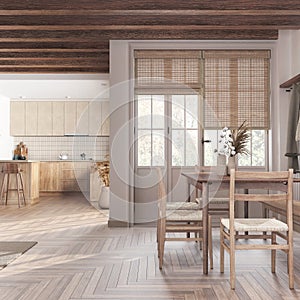 Rustic bleached wooden kitchen and dining room in white and beige tones. Cabinets and parquet floor. Table with chairs. Farmhouse