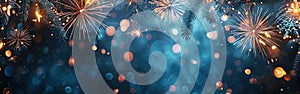 Rustic Blue Night Sky Fireworks Panorama with Sparklers - New Year\'s Eve Celebration Background Banner