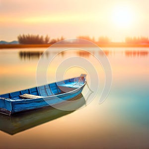 Rustic Blue Rowboat Anchored On Calm Lake Water photo