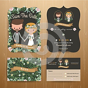 Rustic bohemian cartoon couple wedding card template set