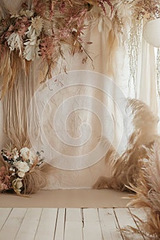 Rustic Bohemian Corner with Wicker Chair and Macrame photo