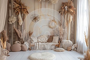 Rustic Bohemian Corner with Wicker Chair and Macrame photo