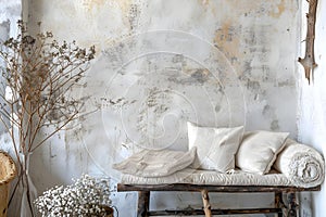 Rustic Boho Farmhouse Living Room with Tree Trunk Bench, Stucco Wall, and Twig Decor. Concept Boho