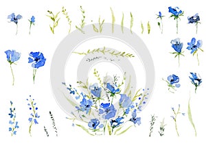 Rustic bouquet with collection of gentle blue flowers. Botanic composition for wedding or greeting card. Isolated on white backgro