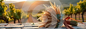 Rustic bouquet on vineyard stone wall at sunset