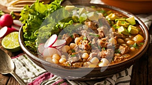 A rustic bowl of pozole, beautifully presented with succulent pork, hominy, avocado, and a leafy lettuce garnish