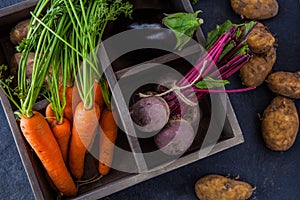 Rustic box with fresh carrots, beetroot, aubergine and potatoes