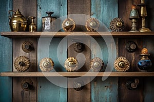 rustic brass door knobs arranged on wooden shelf