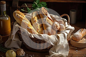 a rustic bread basket filled with crumbly rolls and crusty baguettes