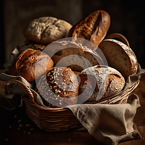 A rustic bread basket filled with a variety of freshly baked loaves