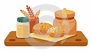 A rustic bread board featuring hearty slices of whole grain bread seeded rolls and round boules accompanied by jars of photo