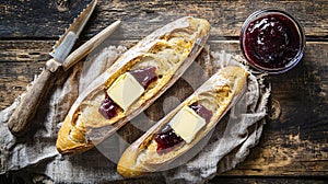 Rustic bread, butter, jam, wooden table, breakfast
