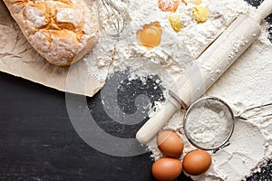 Rustic bread with egg, flour, steiner and rolling pin